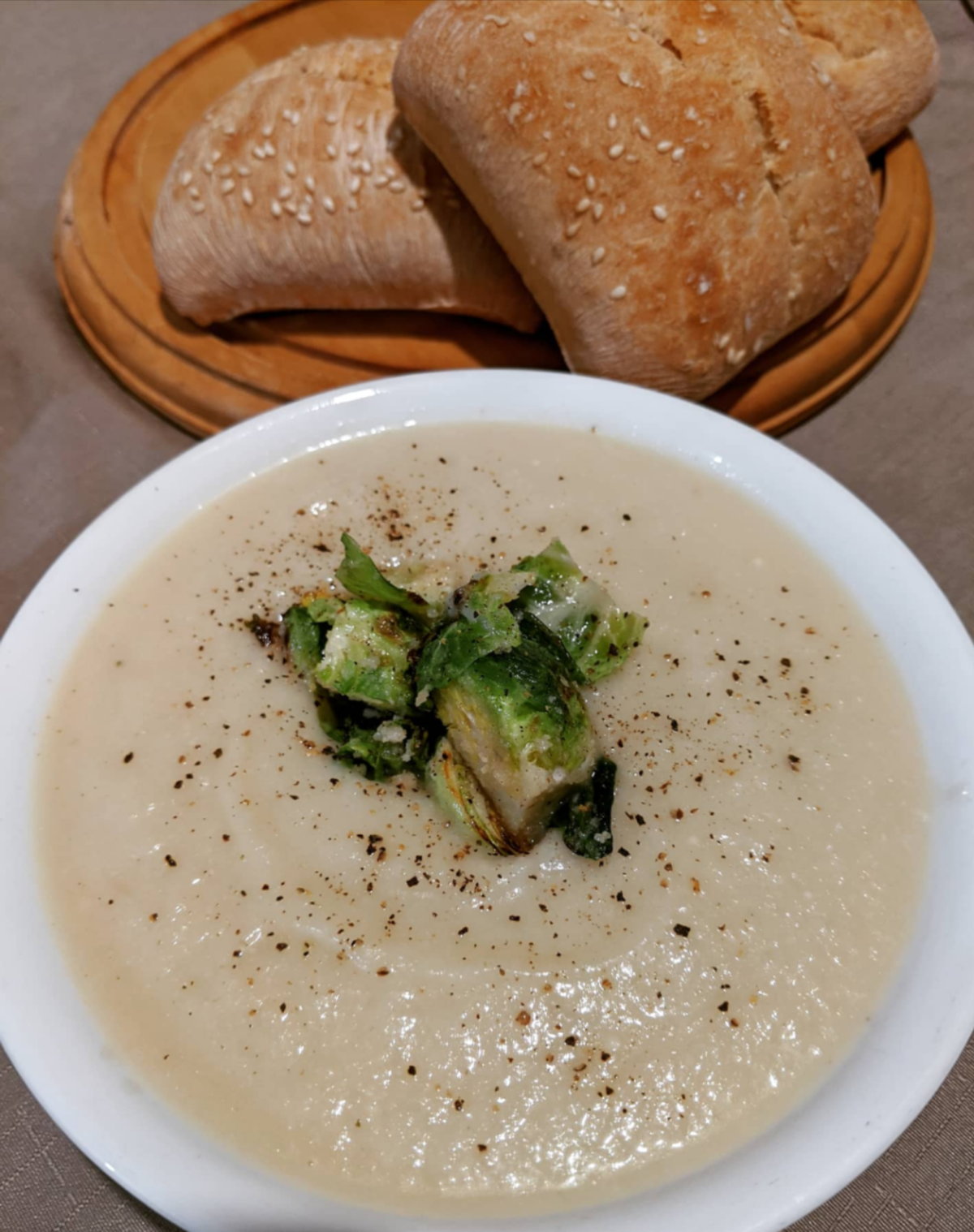 Cauliflower and Apple Soup with Charred Brussels Sprouts